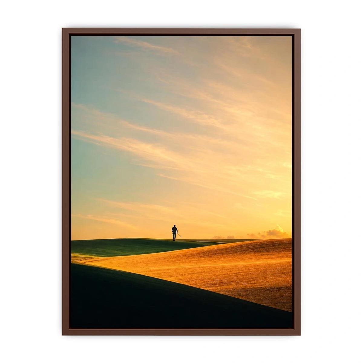 Lone figure desert canvas art with surreal warm tones for modern hallway decor.