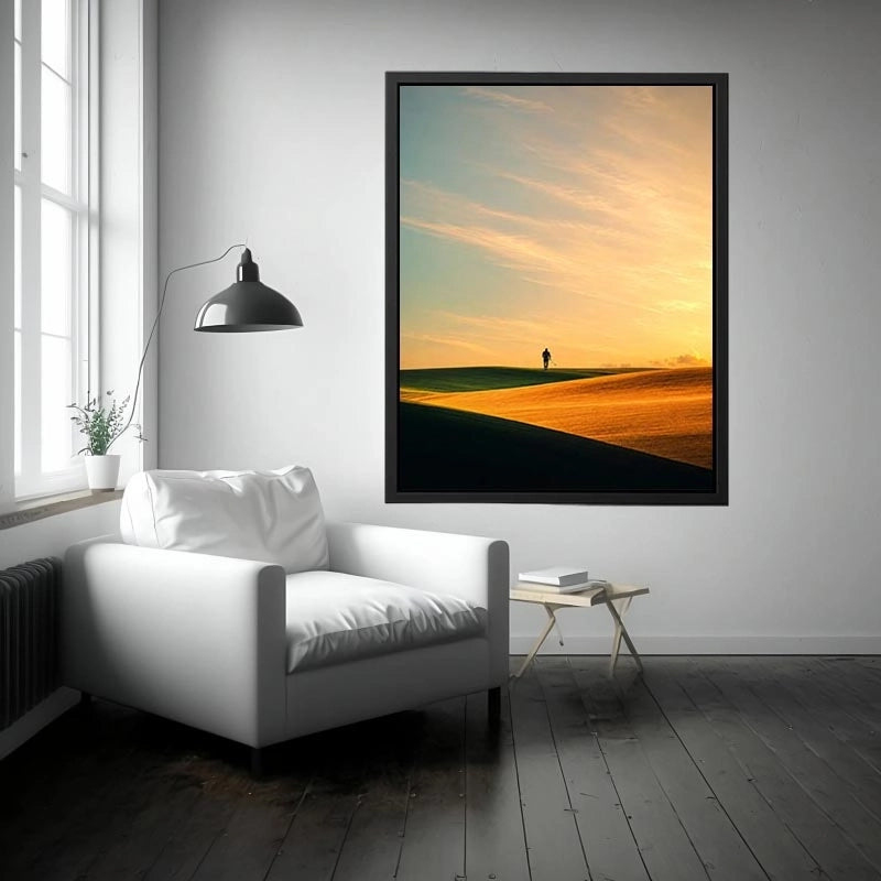 Lone figure desert canvas art with surreal warm tones for modern hallway decor.