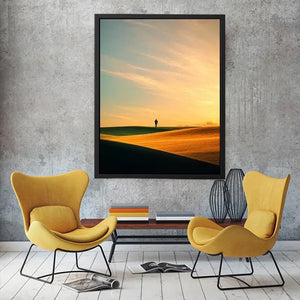 Lone figure desert canvas art with surreal warm tones for modern hallway decor.