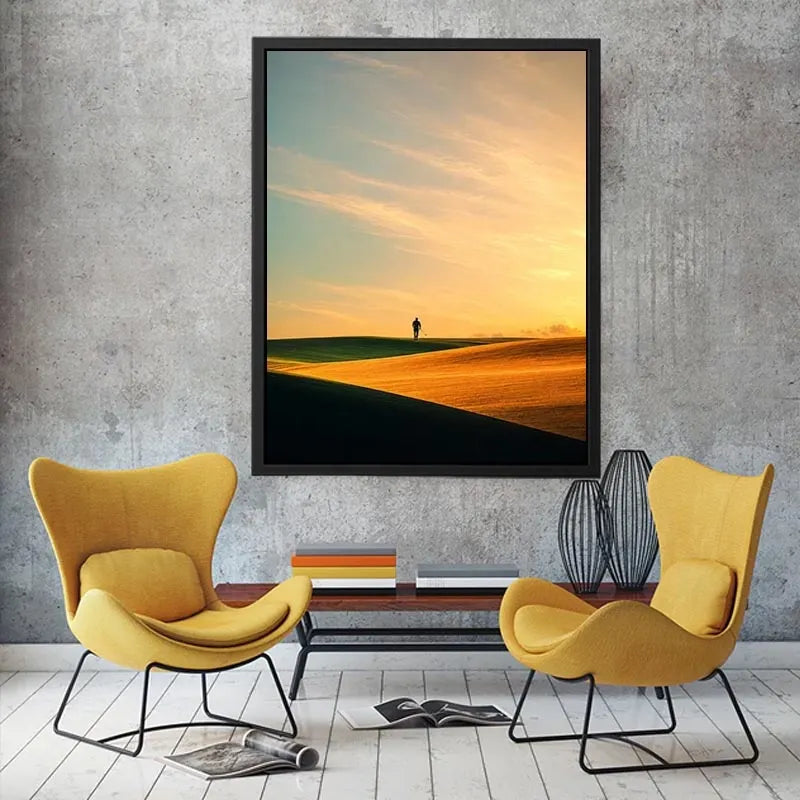 Lone figure desert canvas art with surreal warm tones for modern hallway decor.
