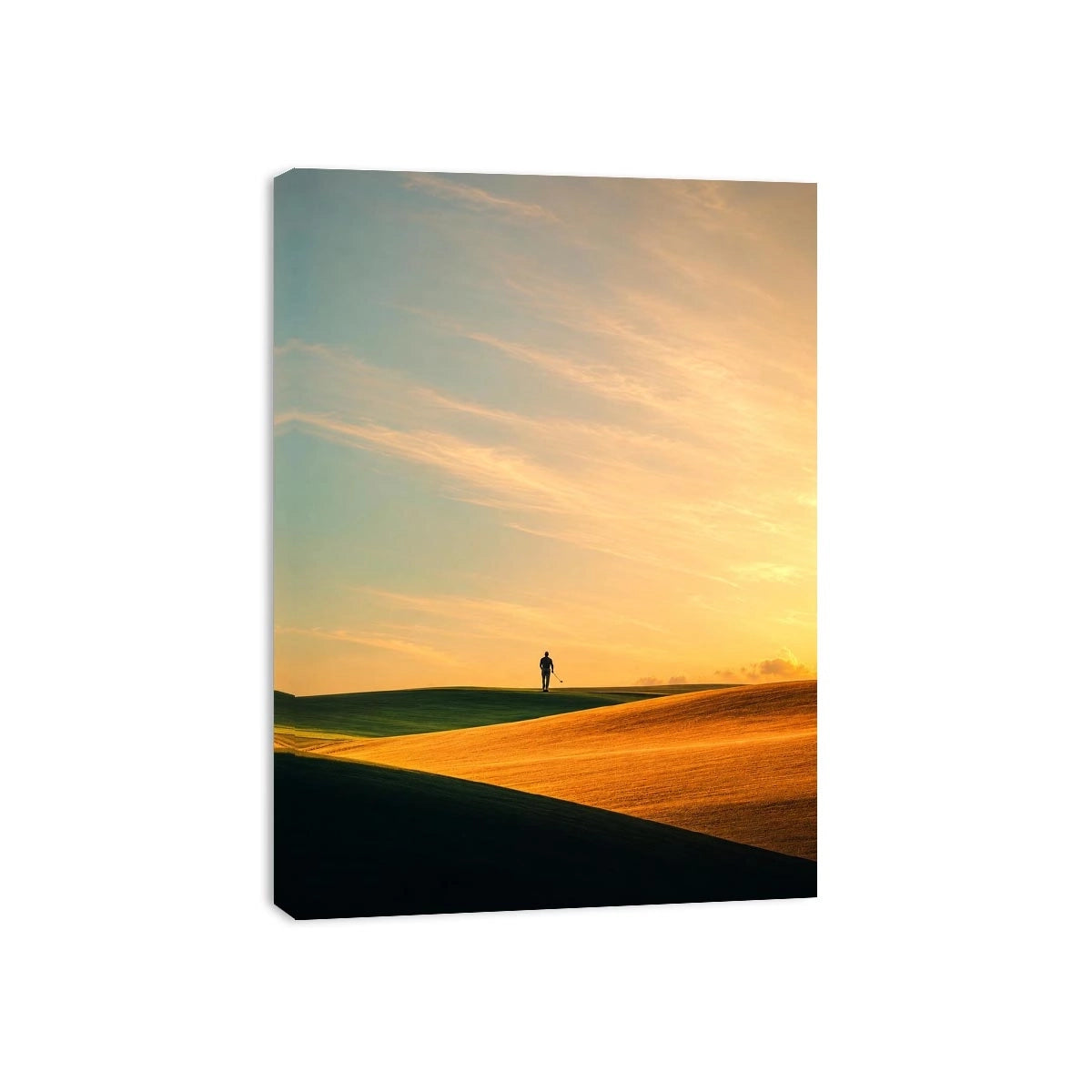 Lone figure desert canvas art with surreal warm tones for modern hallway decor.