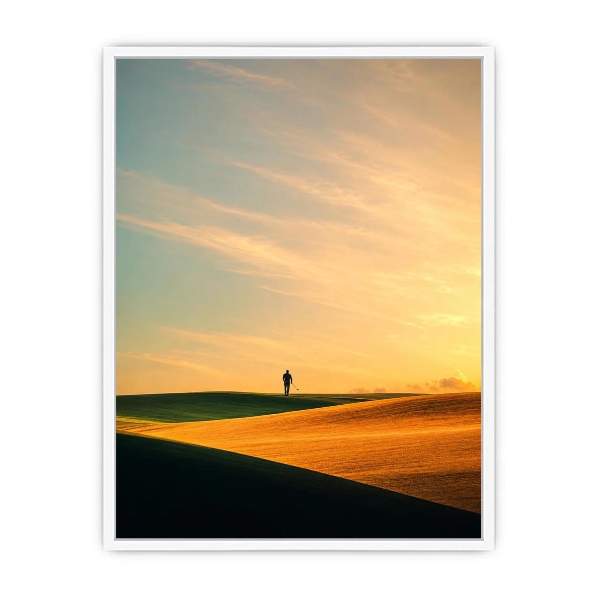 Lone figure desert canvas art with surreal warm tones for modern hallway decor.