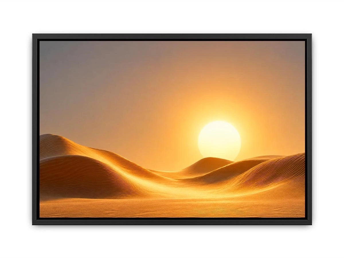 Warm desert sun canvas art with minimalist dunes for elegant living room decor.