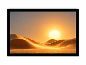 Warm desert sun canvas art with minimalist dunes for elegant living room decor.