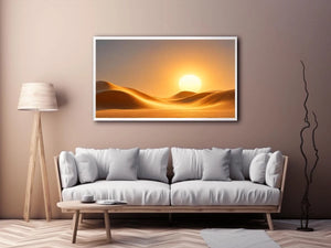 Warm desert sun canvas art with minimalist dunes for elegant living room decor.