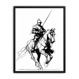 Black line art horse and knight artwork for modern office or hallway decor.
