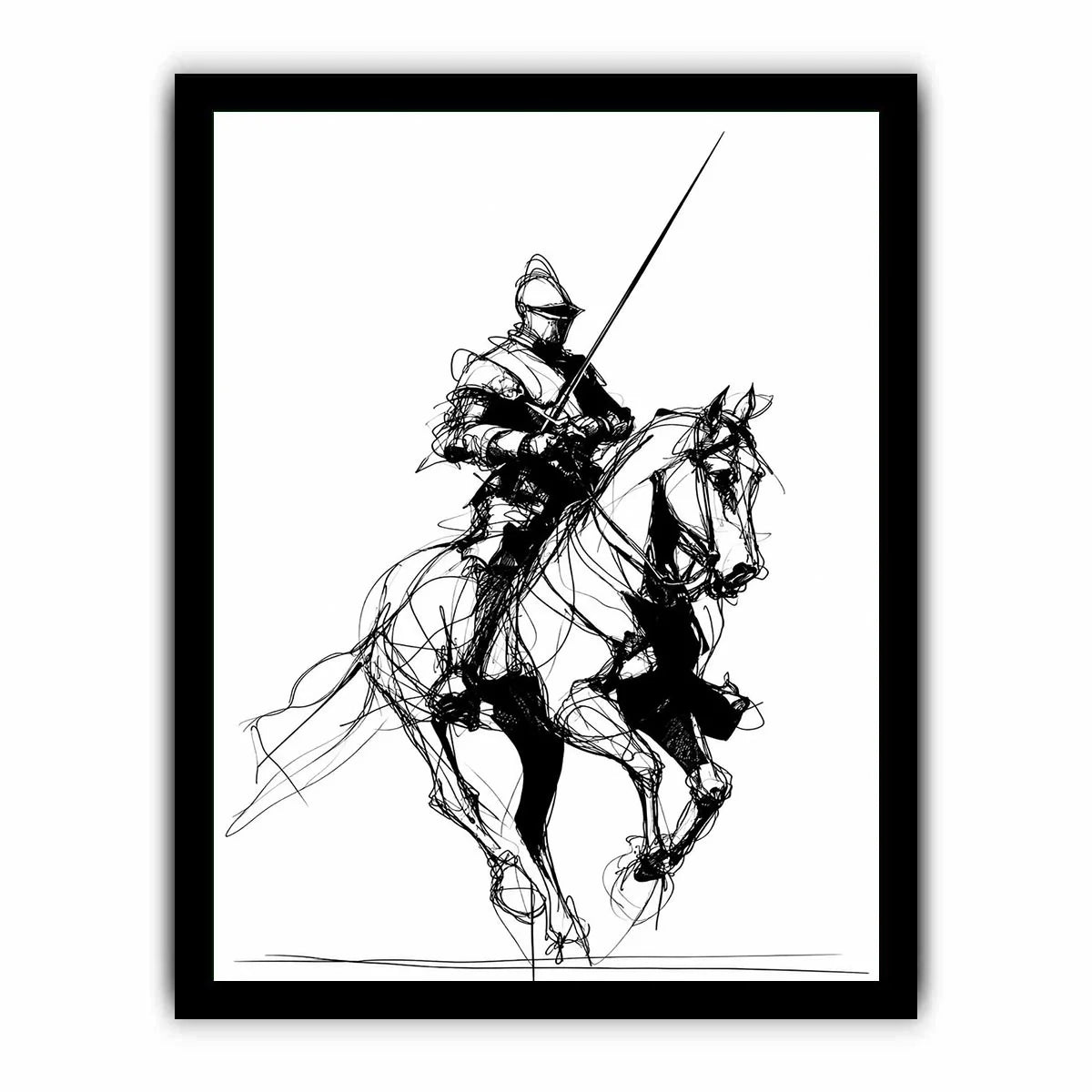 Black line art horse and knight artwork for modern office or hallway decor.