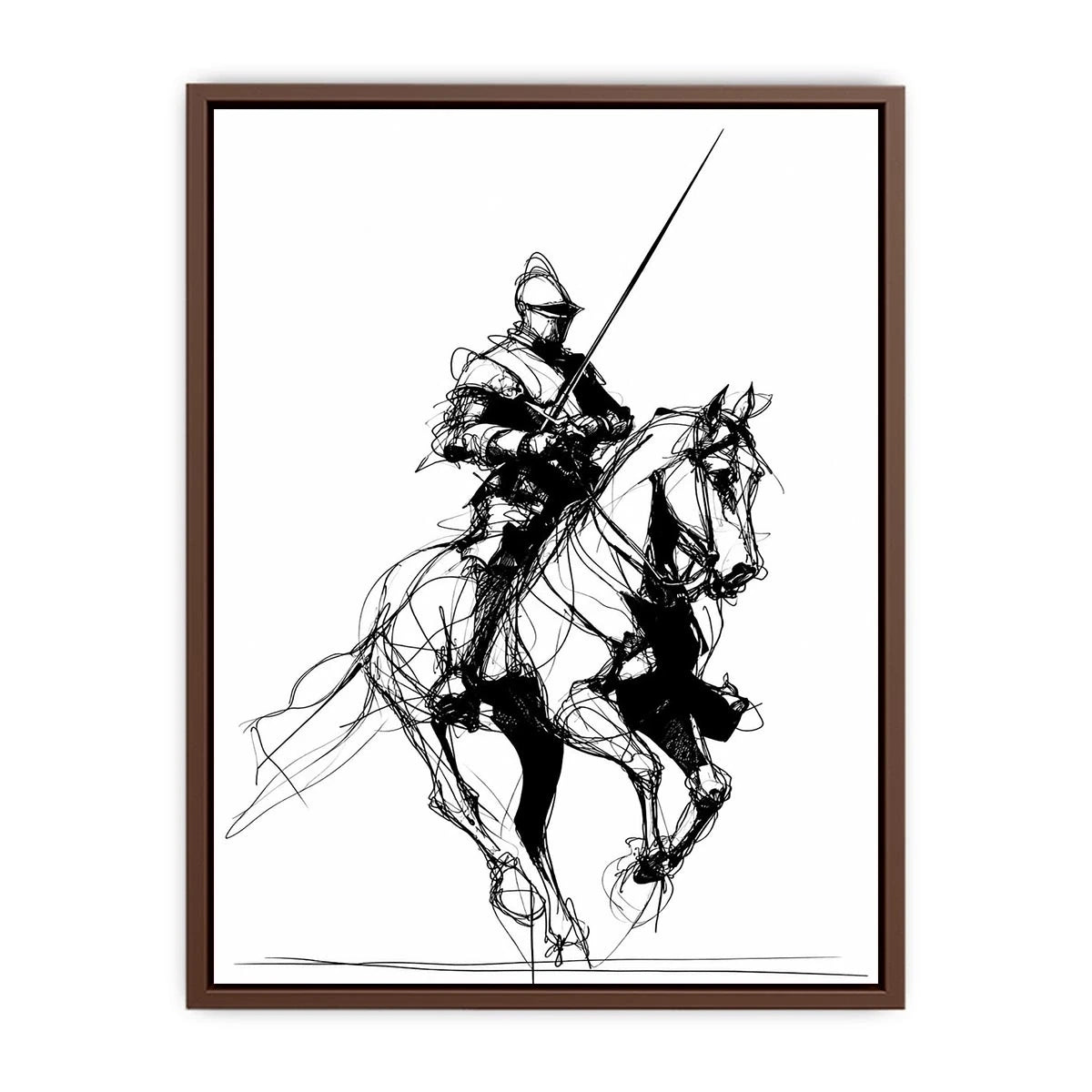 Black line art horse and knight artwork for modern office or hallway decor.