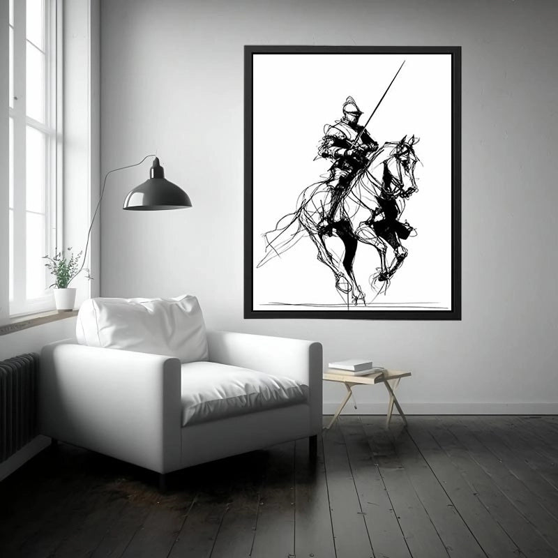Black line art horse and knight artwork for modern office or hallway decor.