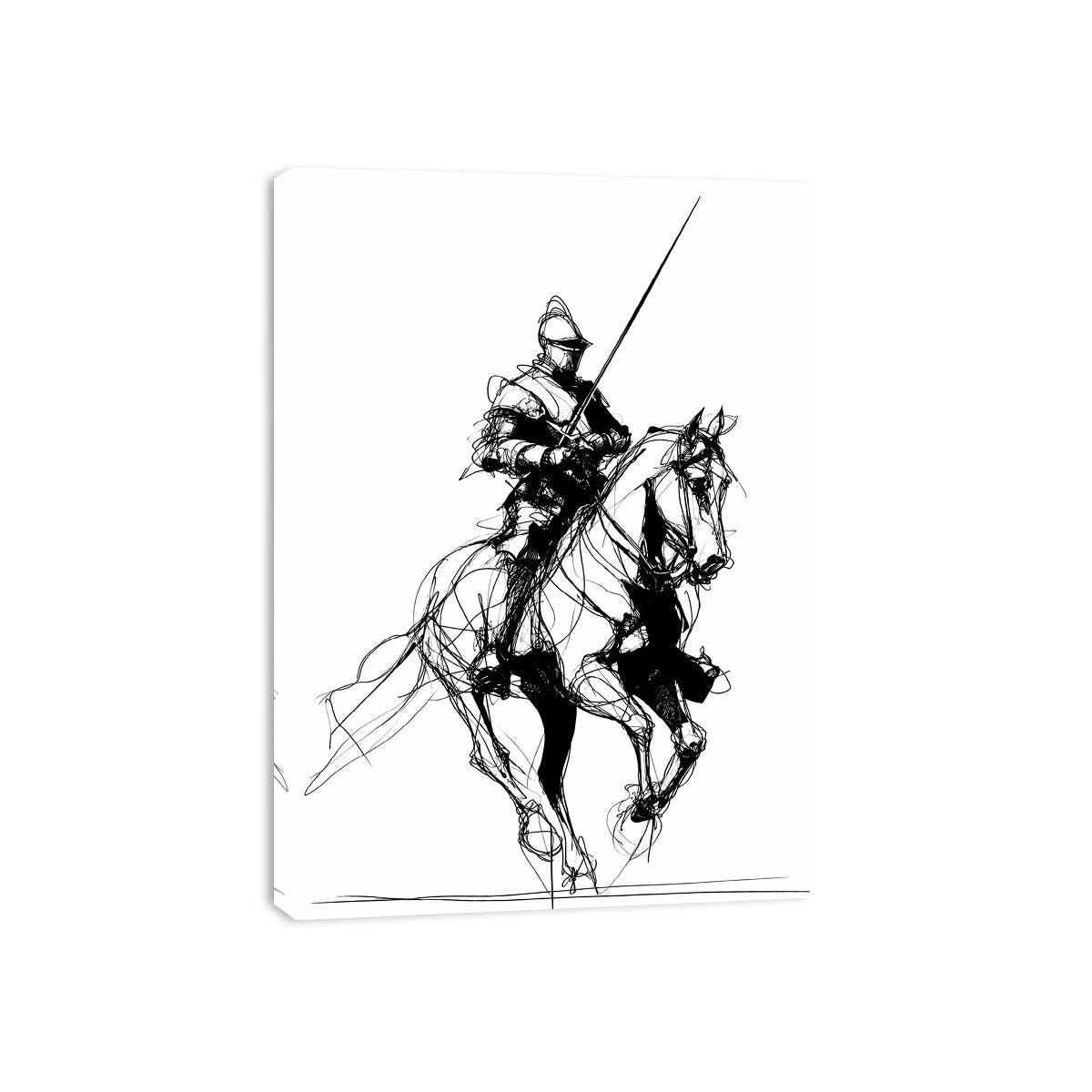 Black line art horse and knight artwork for modern office or hallway decor.