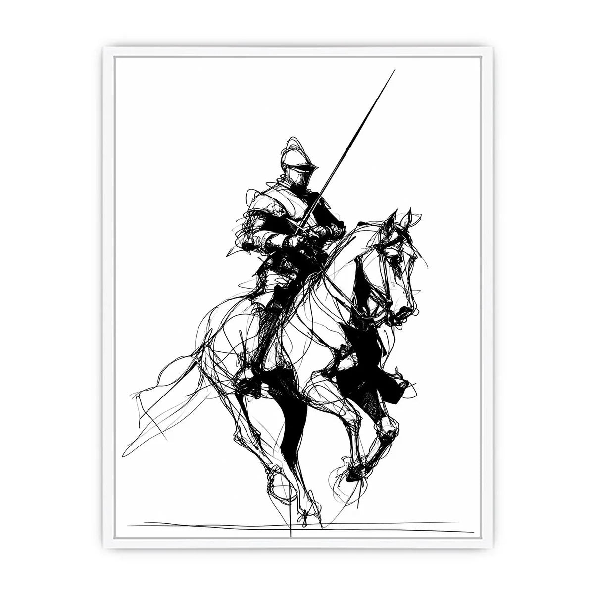Black line art horse and knight artwork for modern office or hallway decor.