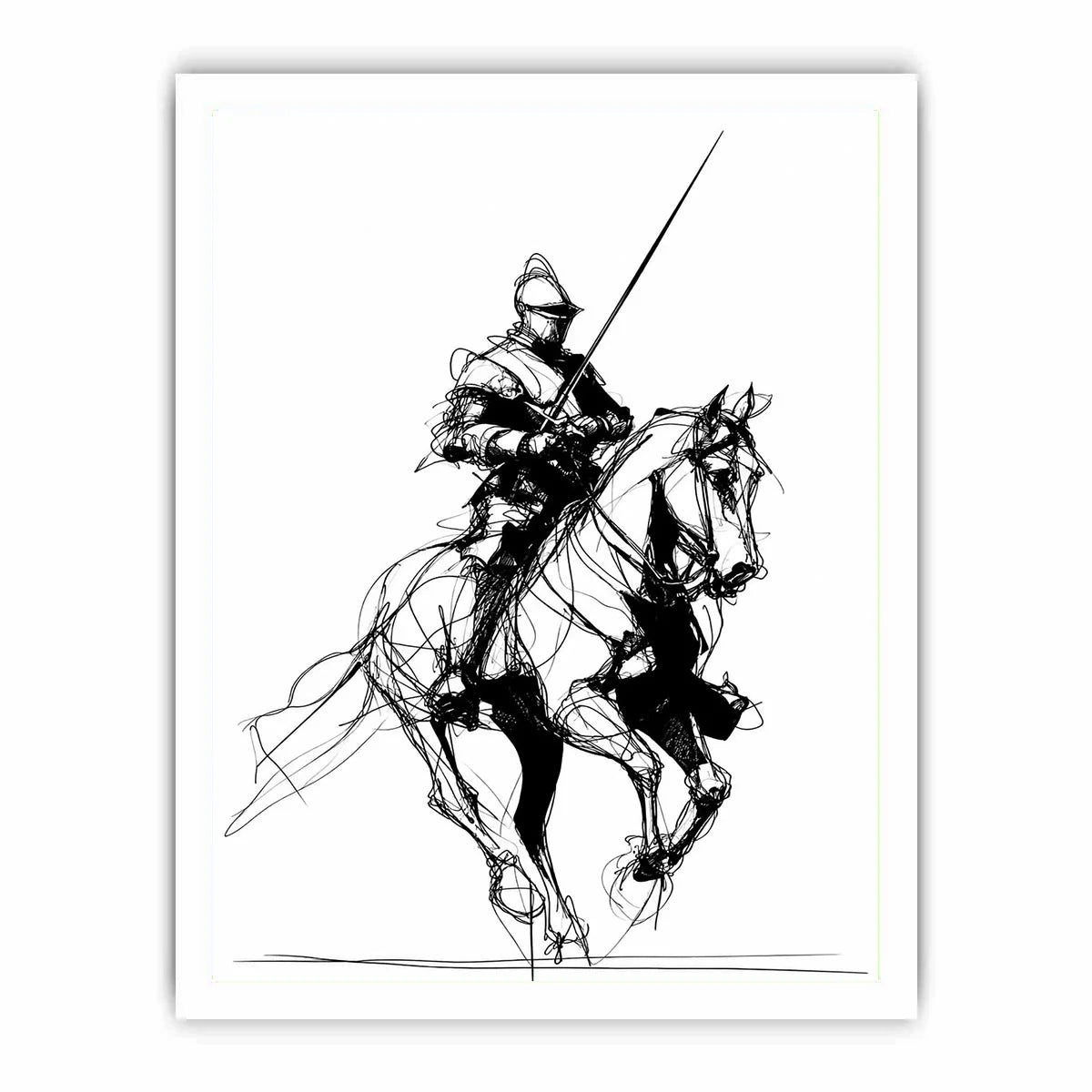 Black line art horse and knight artwork for modern office or hallway decor.