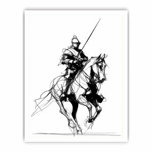 Black line art horse and knight artwork for modern office or hallway decor.