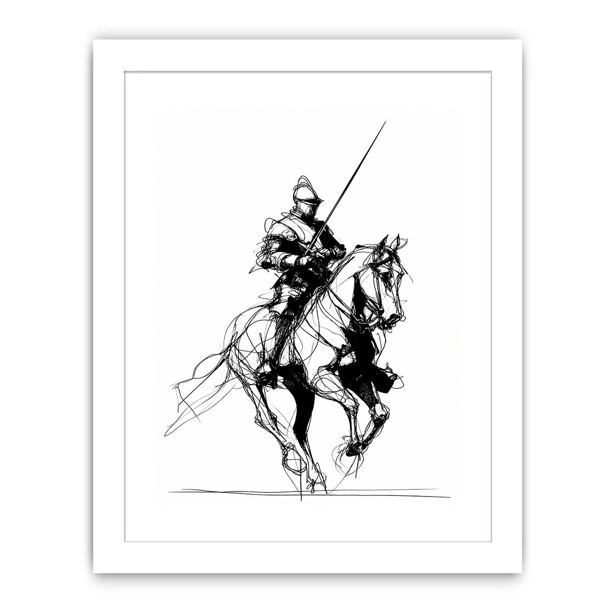 Black line art horse and knight artwork for modern office or hallway decor.