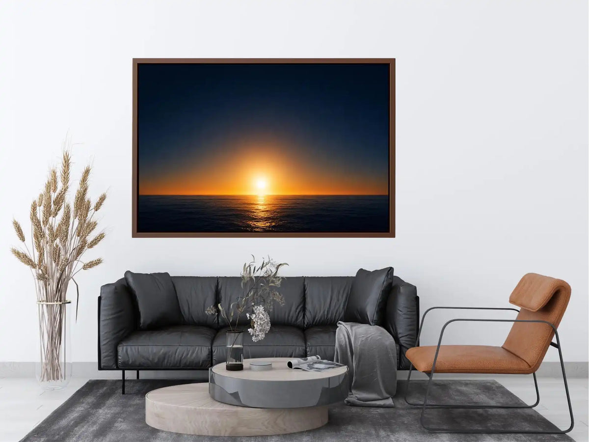 Dark ocean sunset canvas art with golden horizon for modern living room decor.