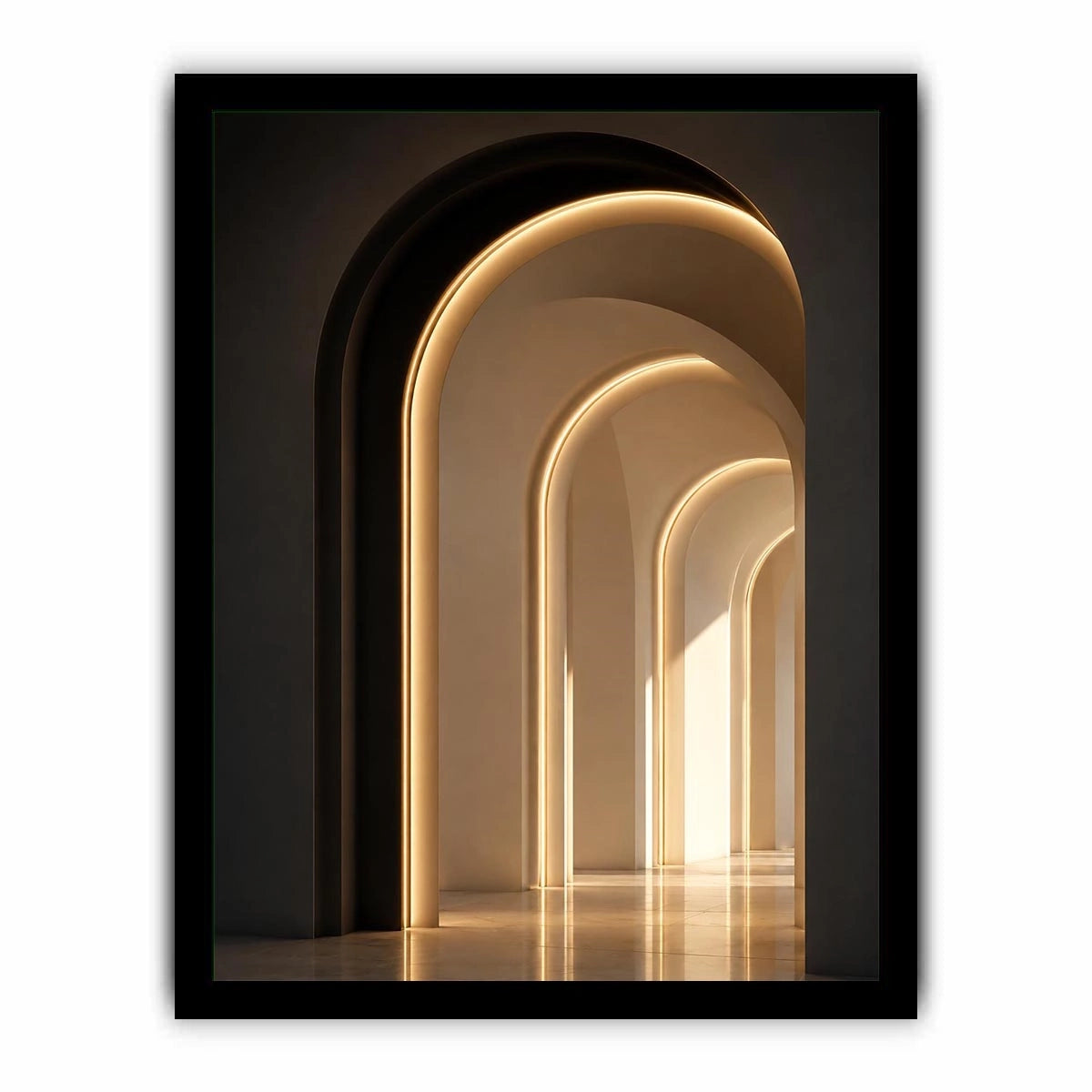 Neutral architectural arch canvas art with warm lighting for modern hallway decor.
