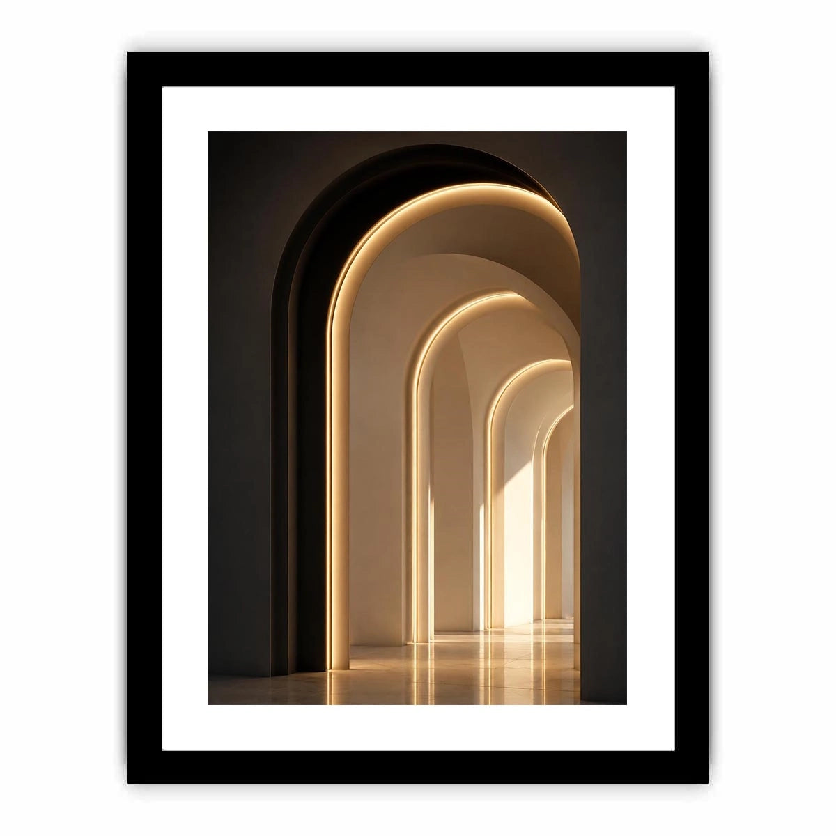 Neutral architectural arch canvas art with warm lighting for modern hallway decor.