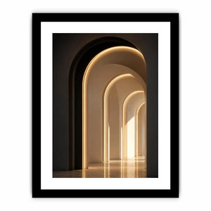 Neutral architectural arch canvas art with warm lighting for modern hallway decor.
