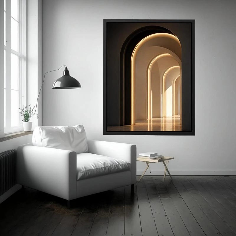 Neutral architectural arch canvas art with warm lighting for modern hallway decor.