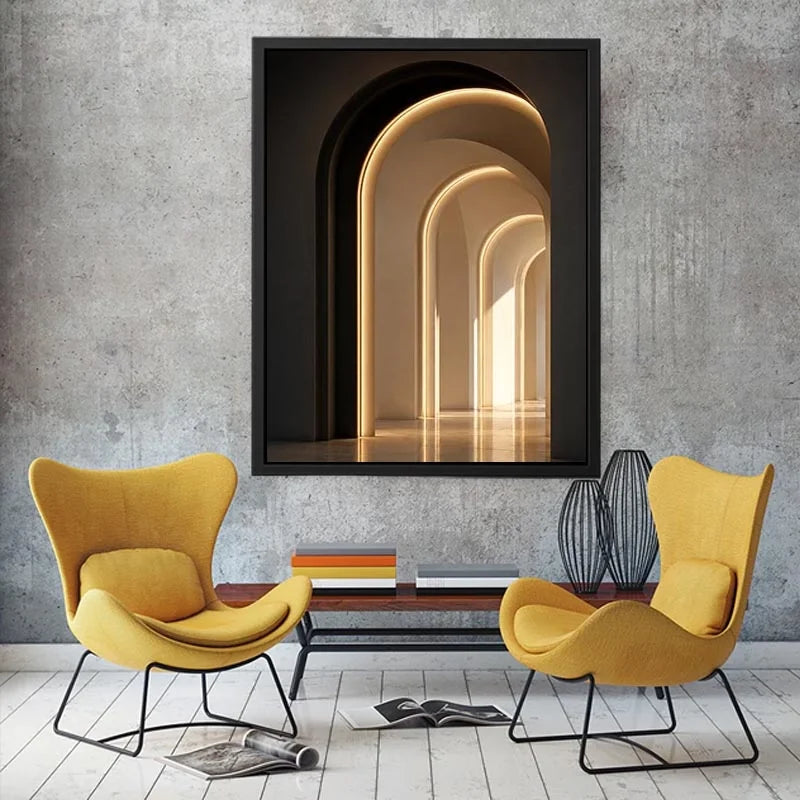 Neutral architectural arch canvas art with warm lighting for modern hallway decor.