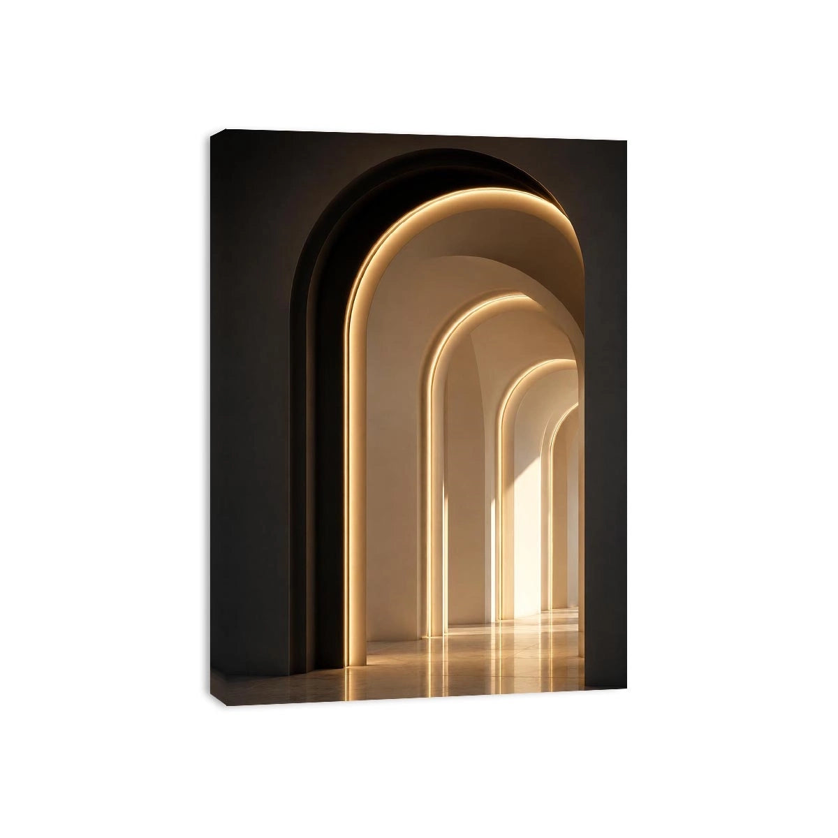 Neutral architectural arch canvas art with warm lighting for modern hallway decor.