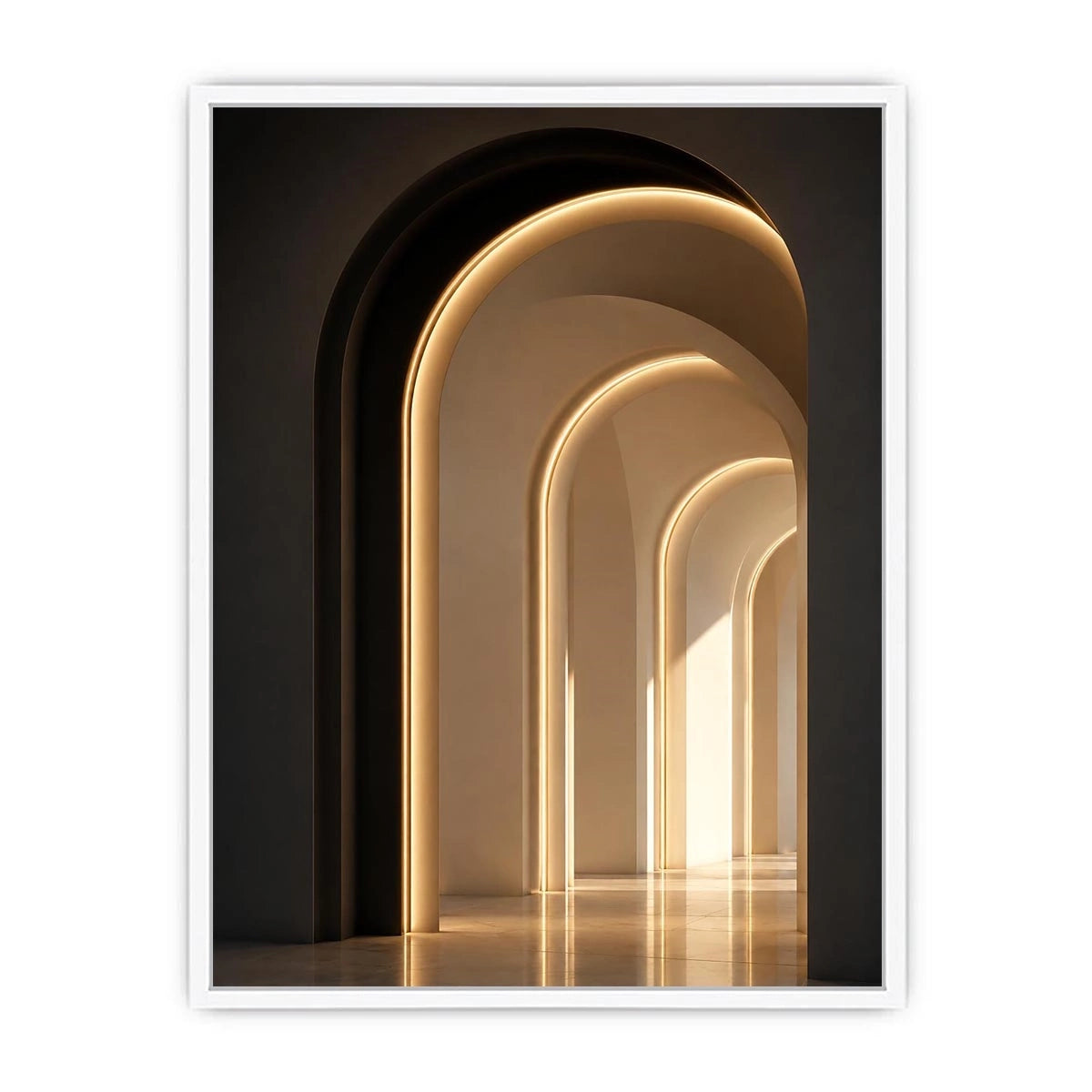Neutral architectural arch canvas art with warm lighting for modern hallway decor.