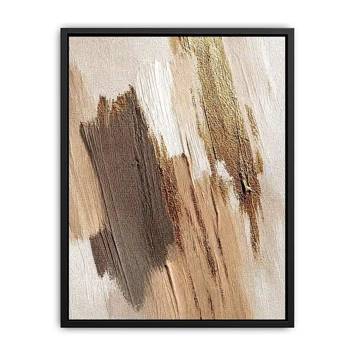 Neutral gold abstract canvas art with textured brush strokes for bedroom decor.