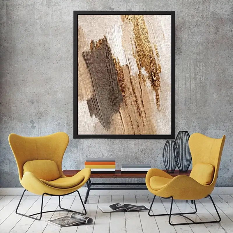 Neutral gold abstract canvas art with textured brush strokes for bedroom decor.