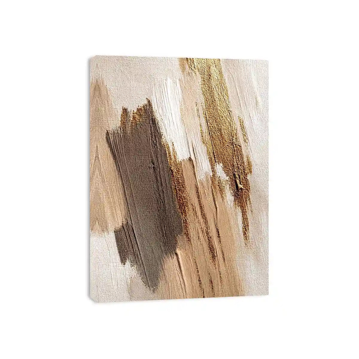 Neutral gold abstract canvas art with textured brush strokes for bedroom decor.