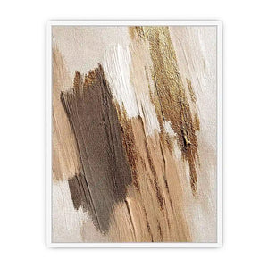 Neutral gold abstract canvas art with textured brush strokes for bedroom decor.