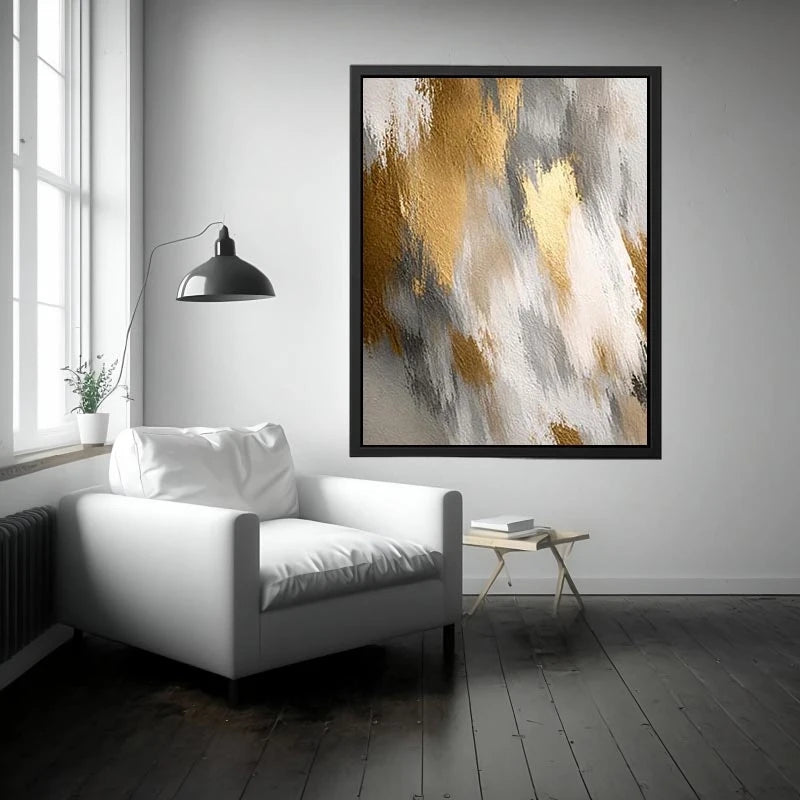Soft neutral abstract canvas art with beige and gold texture for bedroom wall decor.