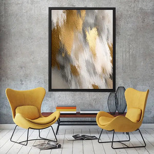 Soft neutral abstract canvas art with beige and gold texture for bedroom wall decor.