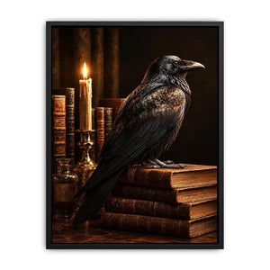Moody raven and antique books canvas art for vintage office or reading nook decor.