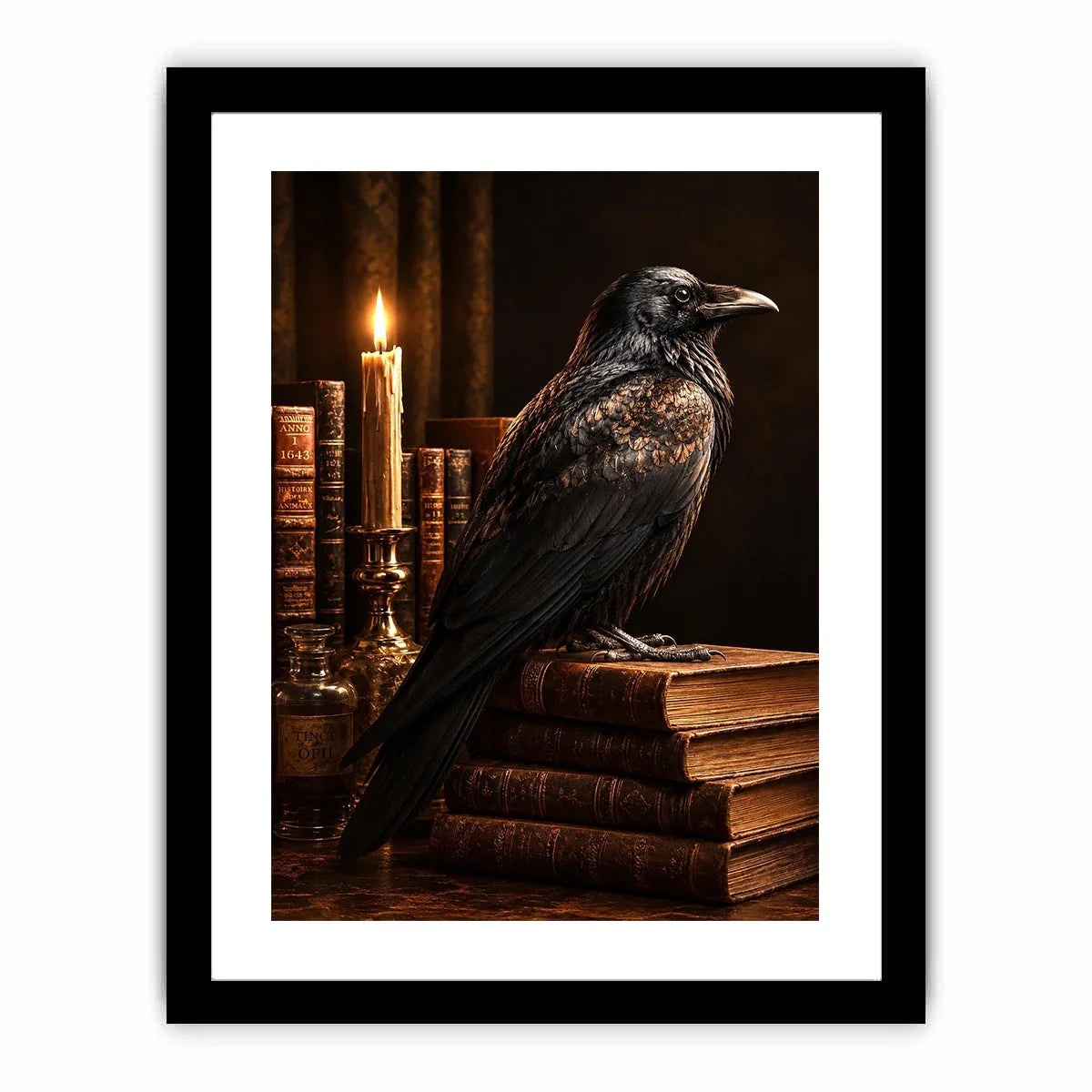 Moody raven and antique books canvas art for vintage office or reading nook decor.