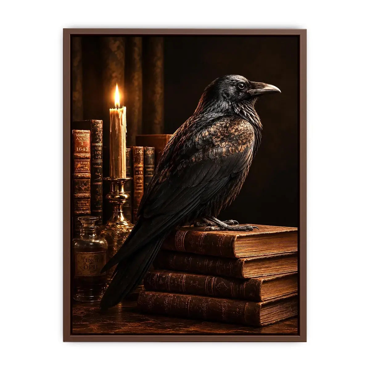 Moody raven and antique books canvas art for vintage office or reading nook decor.