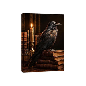 Moody raven and antique books canvas art for vintage office or reading nook decor.