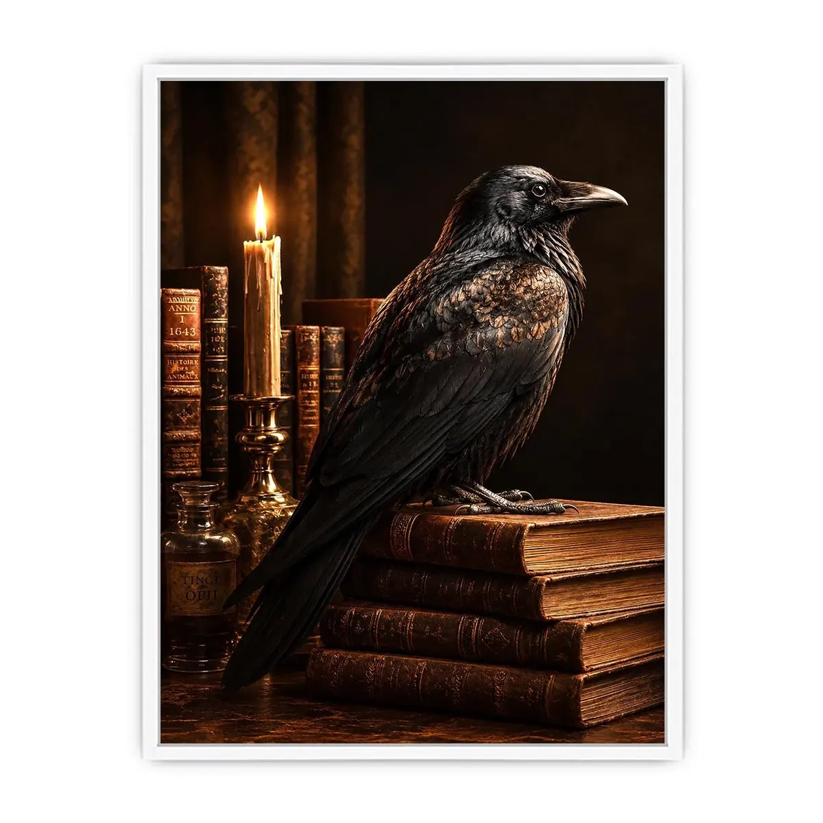 Moody raven and antique books canvas art for vintage office or reading nook decor.
