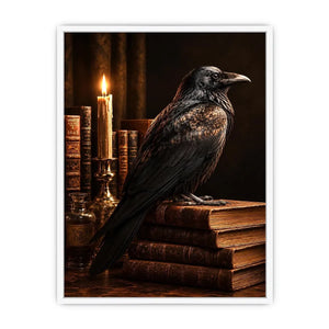 Moody raven and antique books canvas art for vintage office or reading nook decor.