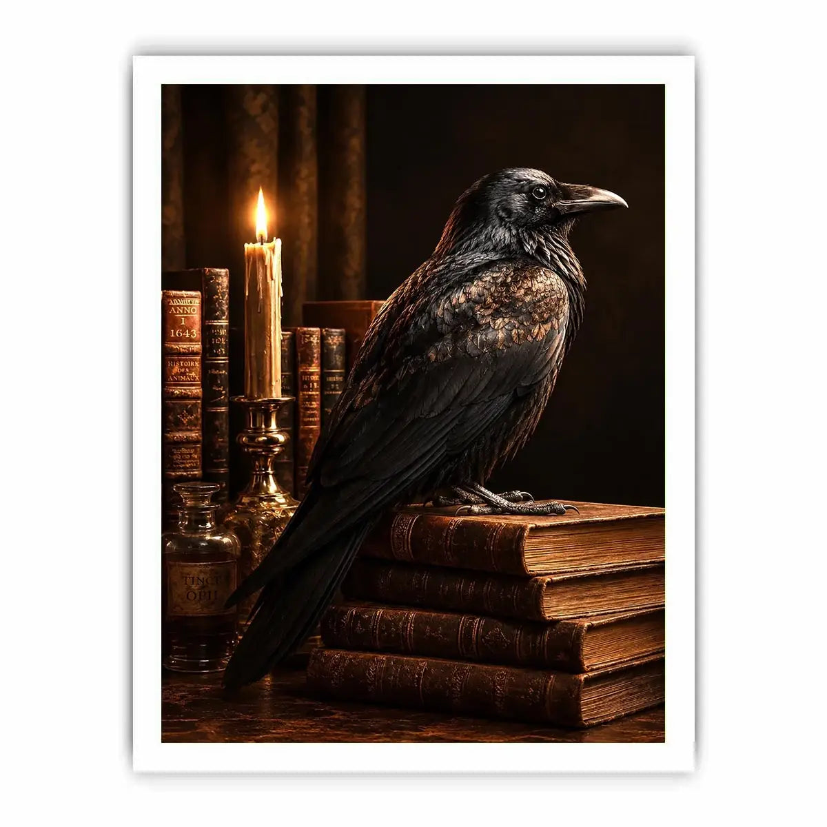 Moody raven and antique books canvas art for vintage office or reading nook decor.