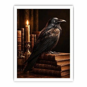 Moody raven and antique books canvas art for vintage office or reading nook decor.