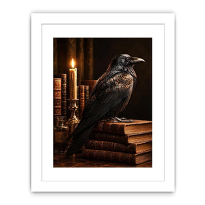 Moody raven and antique books canvas art for vintage office or reading nook decor.