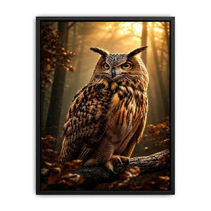 Majestic owl canvas art in misty forest for rustic office and living room decor.