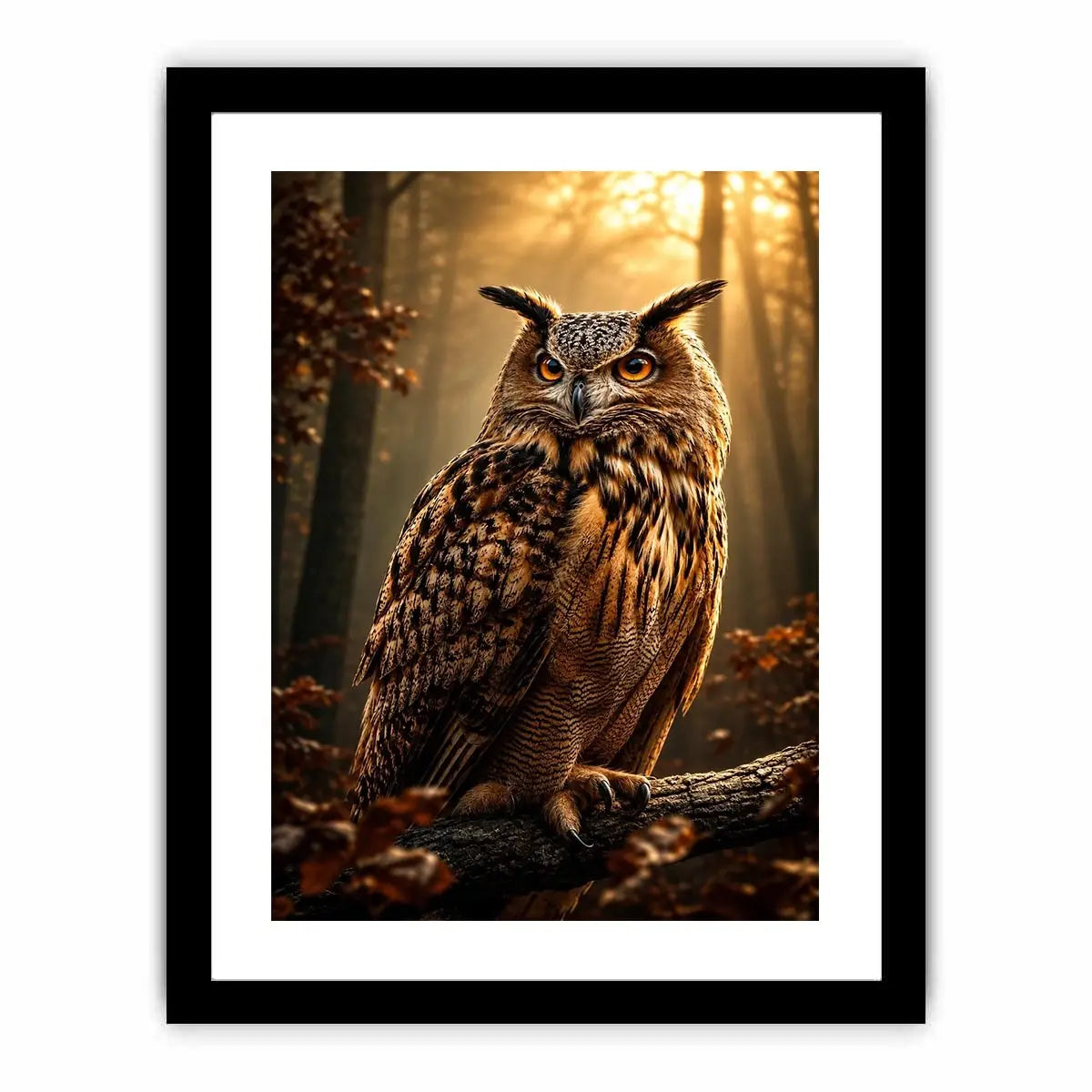 Majestic owl canvas art in misty forest for rustic office and living room decor.