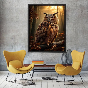 Majestic owl canvas art in misty forest for rustic office and living room decor.
