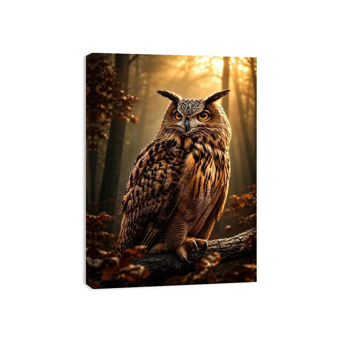 Majestic owl canvas art in misty forest for rustic office and living room decor.