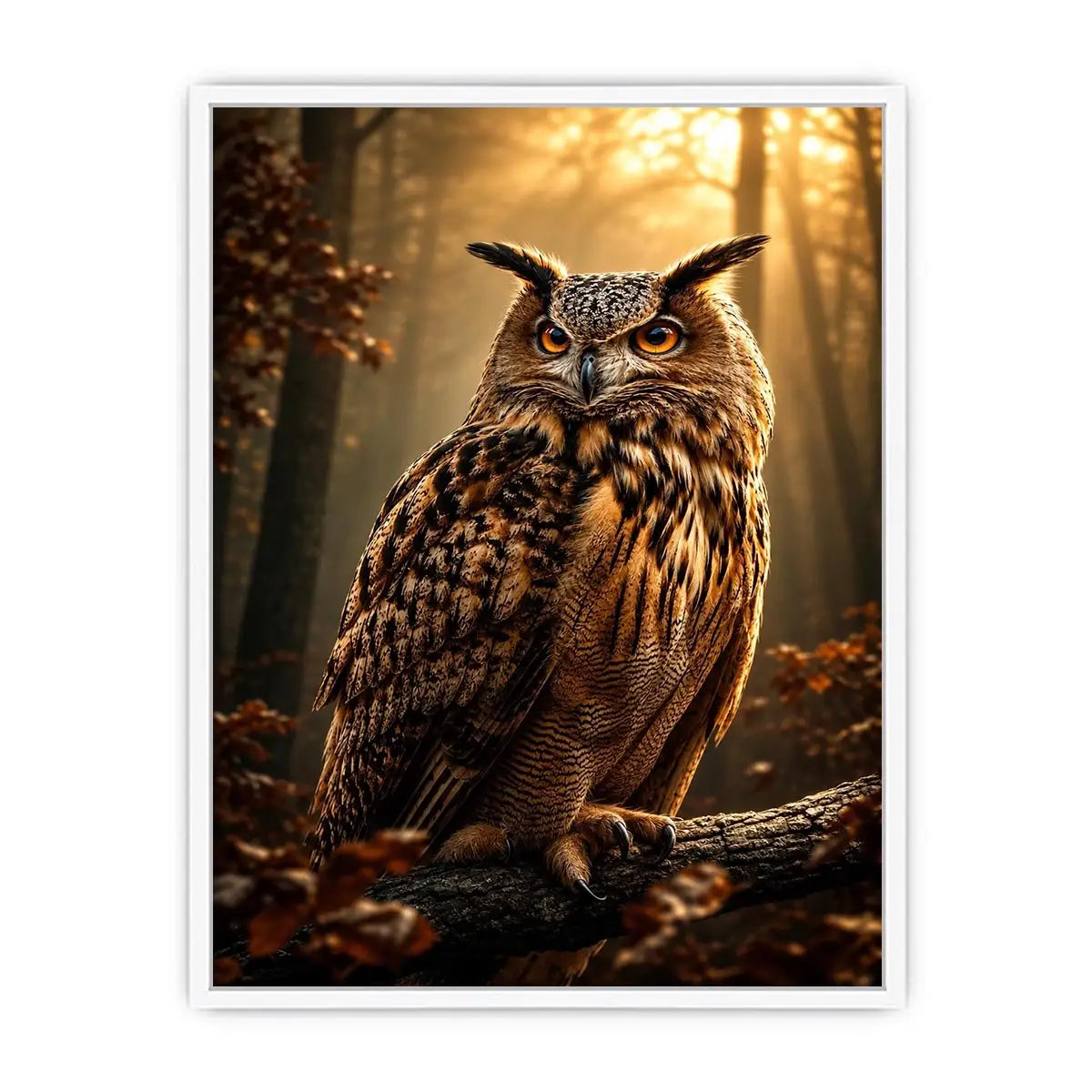 Majestic owl canvas art in misty forest for rustic office and living room decor.