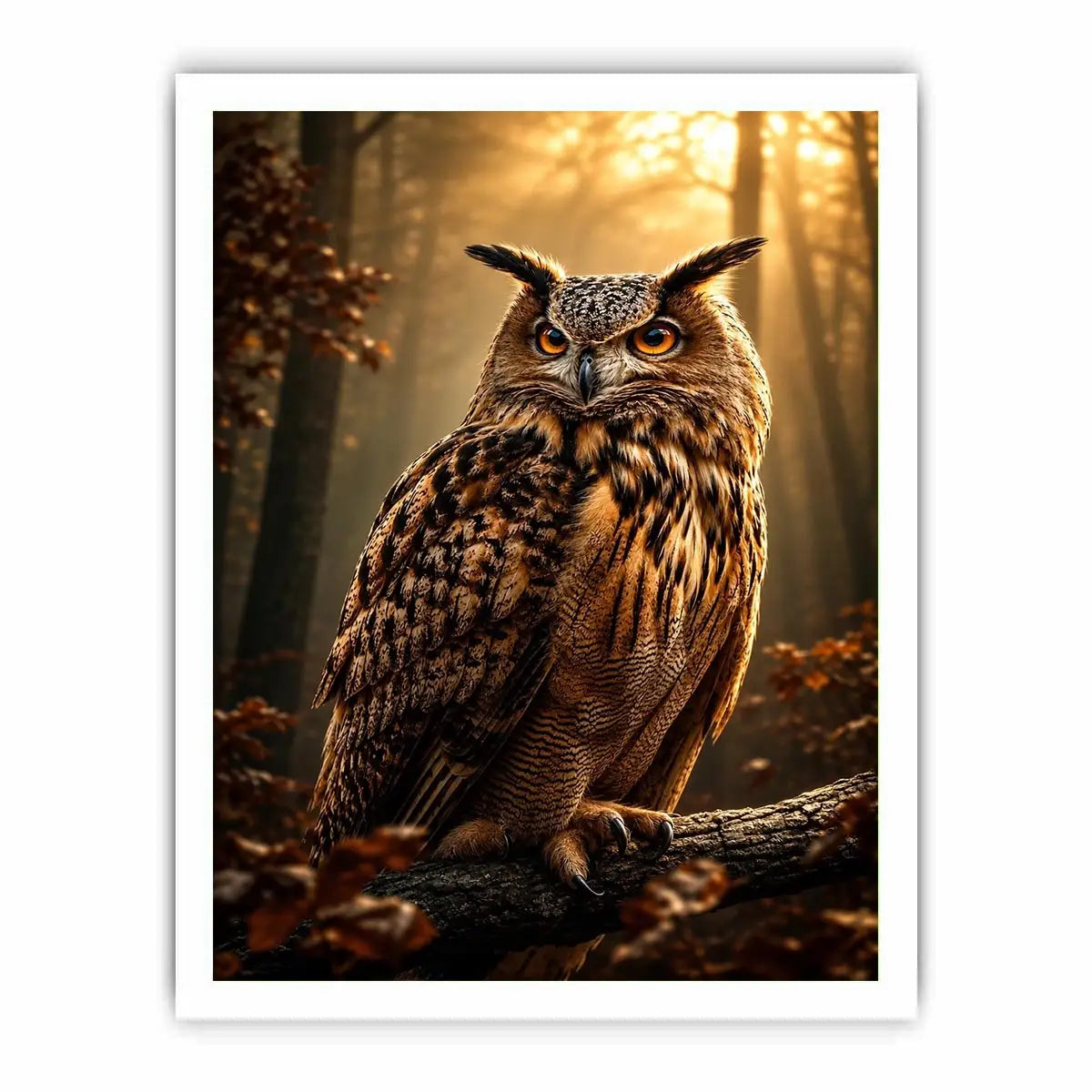 Majestic owl canvas art in misty forest for rustic office and living room decor.