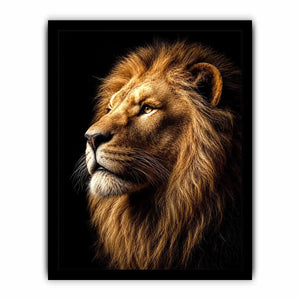 Dramatic lion portrait canvas art with black background for luxury office decor.