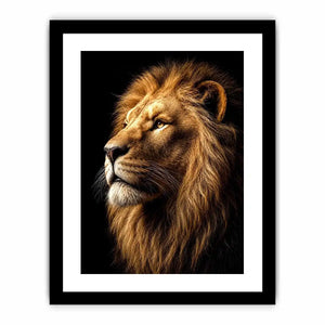 Dramatic lion portrait canvas art with black background for luxury office decor.