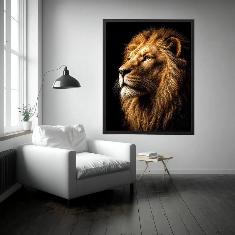 Dramatic lion portrait canvas art with black background for luxury office decor.